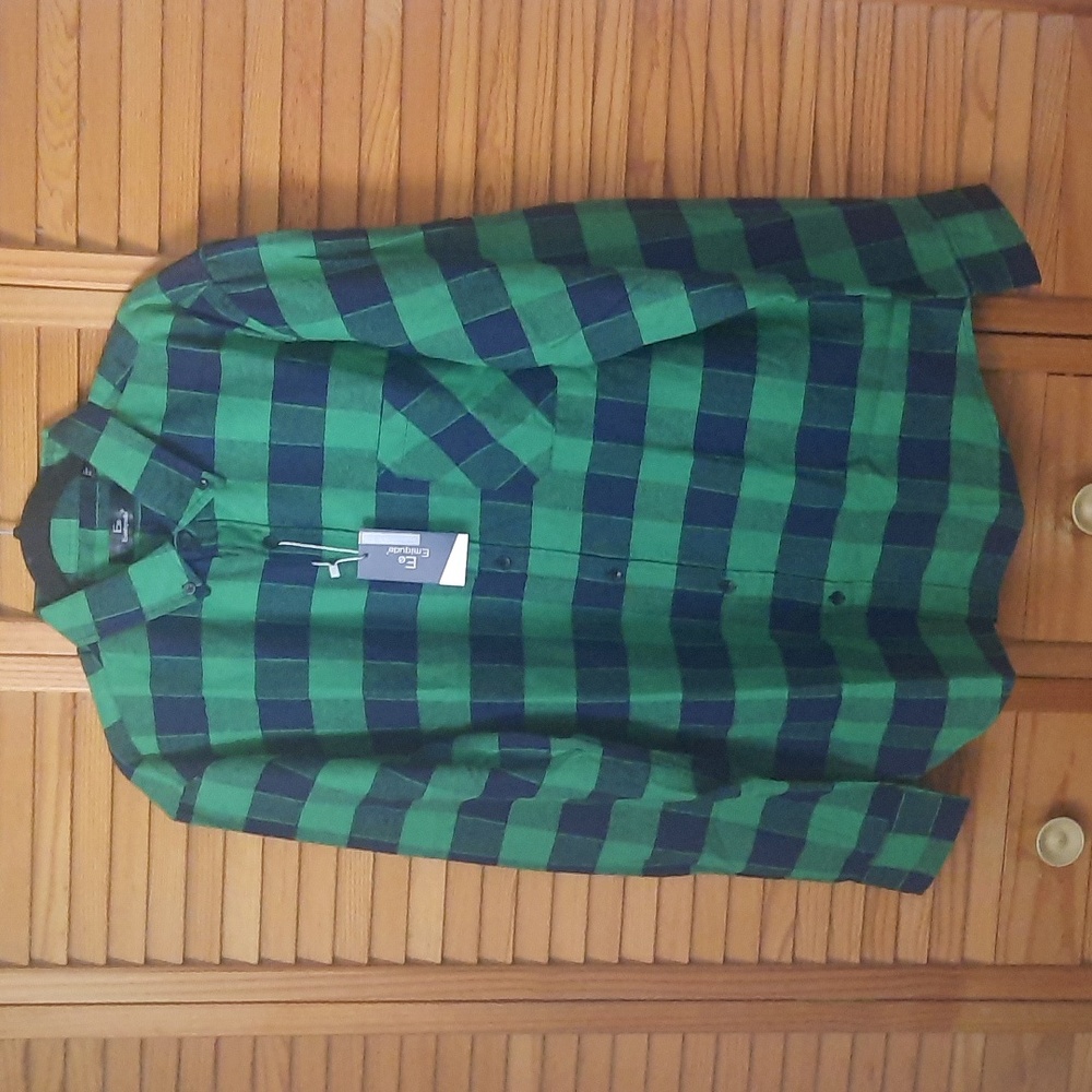 Emiqude Mens Black Green Slim Fit  Flannel Plaid Button Down Dress Shirt Size XL